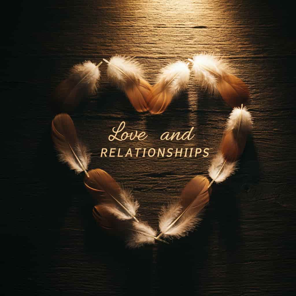 Heart-shaped arrangement of brown and white feathers on a wooden surface with warm lighting, representing the meaning of these feathers in love and relationships