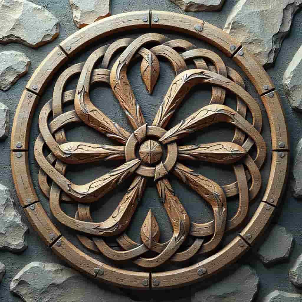 Celtic-inspired circular design with intertwined brown and white feathers surrounded by traditional Celtic knots and symbols, illustrating the meaning of brown and white feathers in Celtic culture