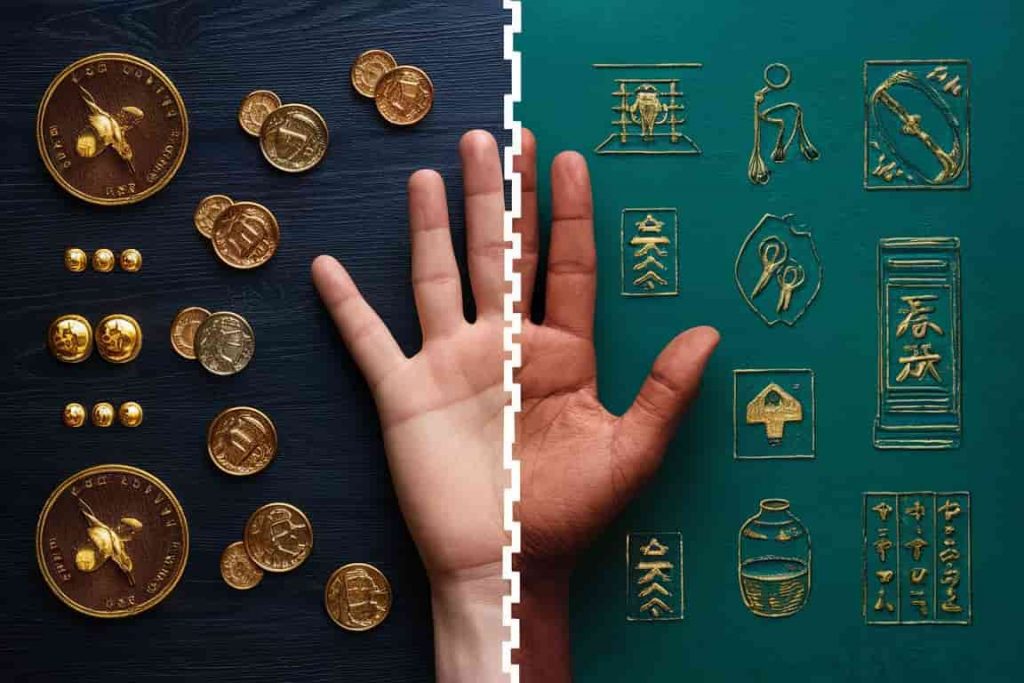 Split-screen image of Western and Eastern interpretations of left hand itching