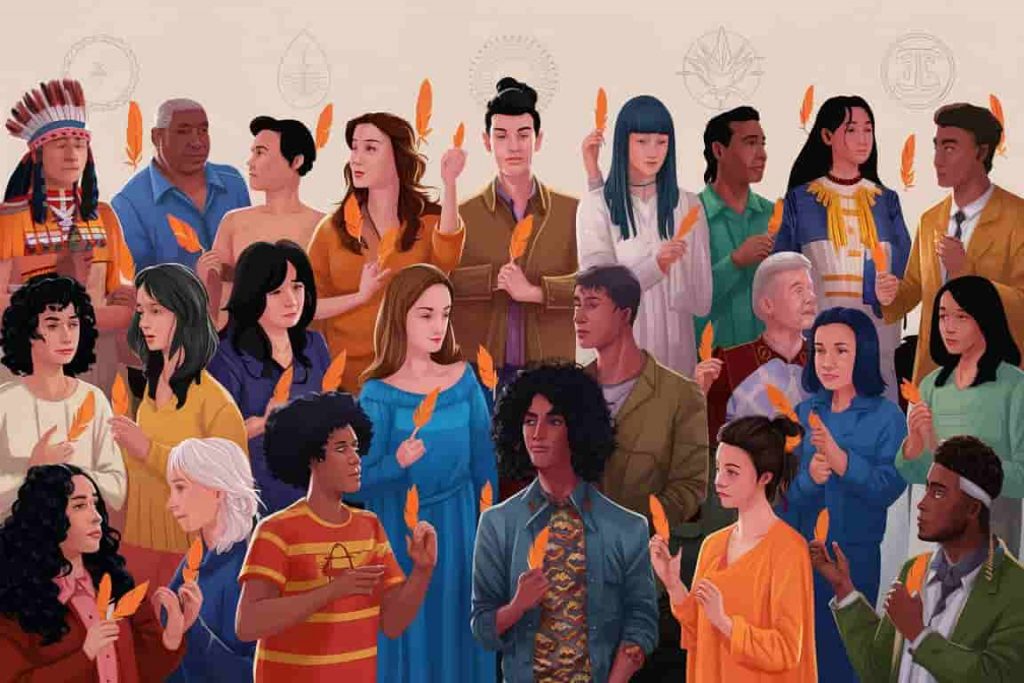 Diverse group of people from various cultures interacting with orange feathers, showcasing different spiritual interpretations