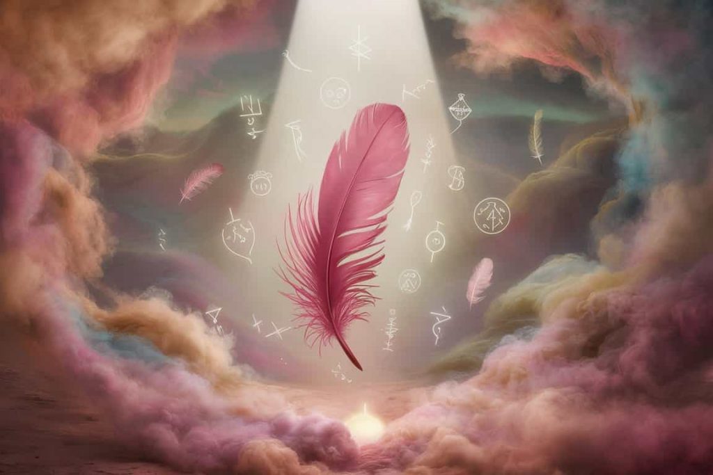 Pink feather surrounded by mystical symbols and ethereal mist, representing spiritual messages