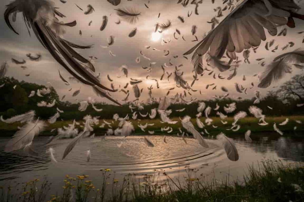 Grey and white feathers falling gently in a serene natural setting, symbolizing divine messages and spiritual guidance.
