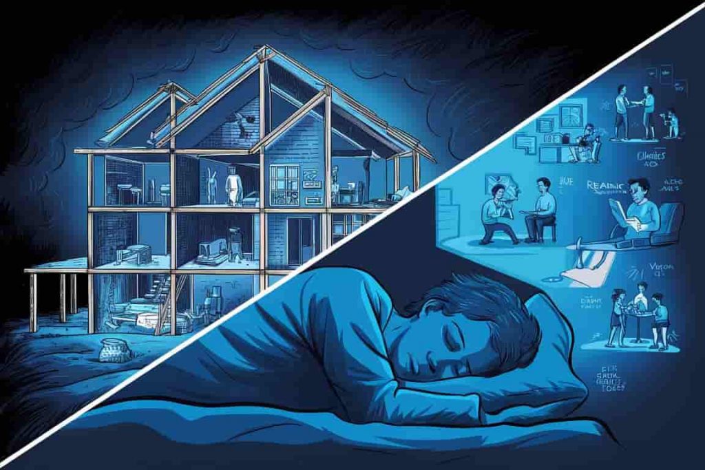 Split-screen illustration showing dream house construction symbolizing personal growth areas, connected to real-life self-improvement activities
