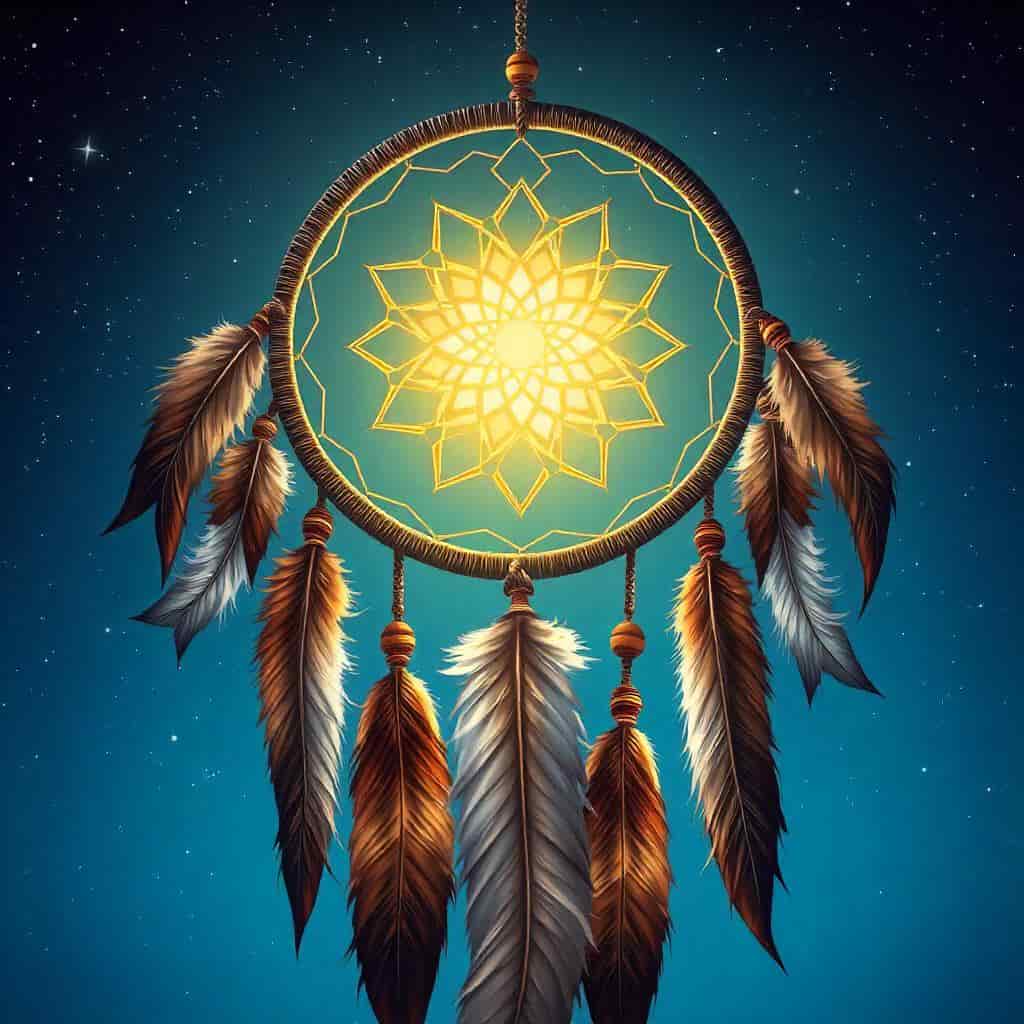 Dreamcatcher made with brown and white feathers against a starry night sky, with glowing light from the center, representing the role of brown and white feathers in dream symbolism