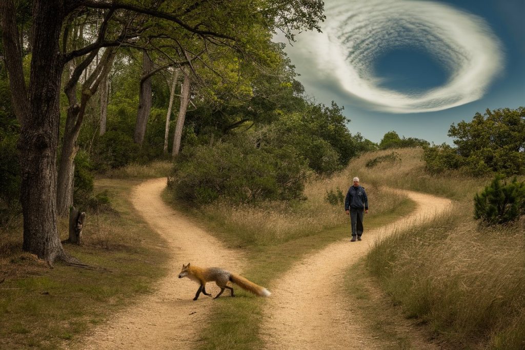 A person observing a fox crossing their path in nature, with subtle synchronicity symbols
