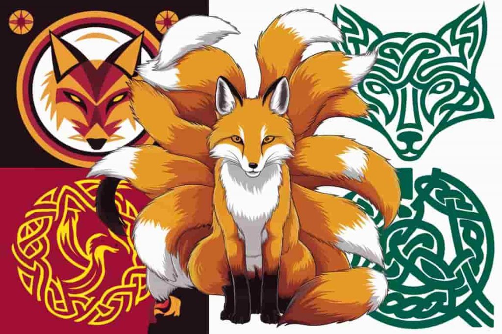 A collage of fox symbols from Japanese, Native American, and Celtic cultures, showcasing diverse artistic styles