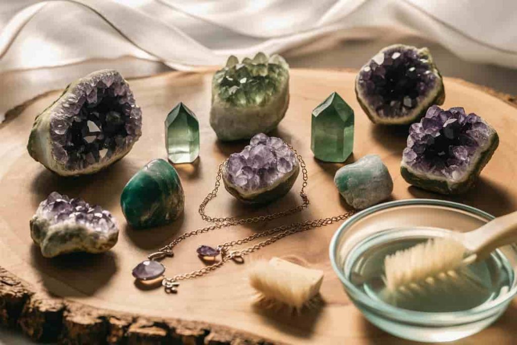 Assortment of green amethyst crystals in various forms with cleaning tools on wooden surface