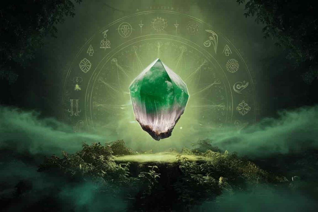 Floating green amethyst crystal in a misty forest with ethereal spiritual symbols in the background