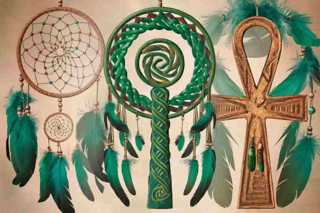 Cultural symbols featuring green feathers, including a dreamcatcher, Celtic spiral, and Egyptian ankh