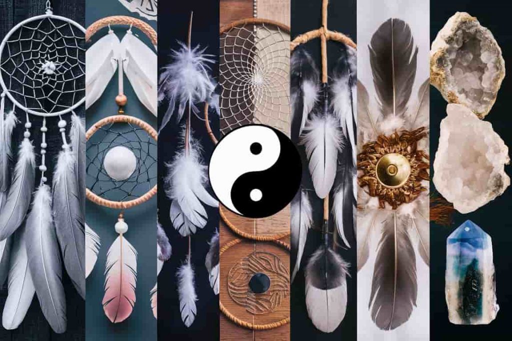 Collage of grey and white feathers with symbols from various spiritual practices, including Native American, Eastern, and modern interpretations.