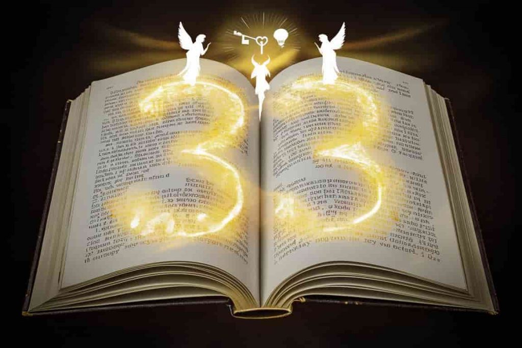 Open book with angel number 33 and divine messengers emerging