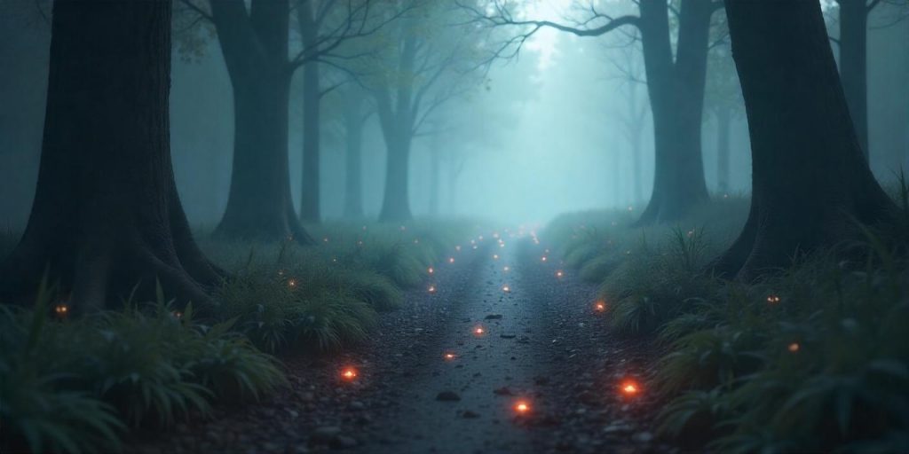 Misty forest path with glowing black feathers, symbolizing spiritual guidance and interpretation of feather encounters.