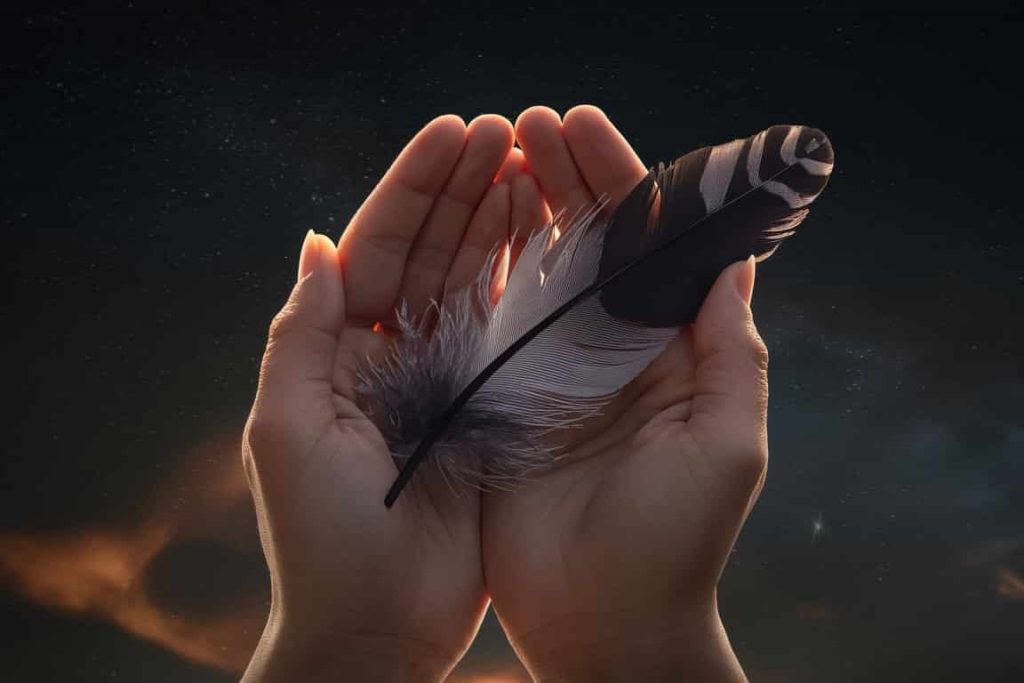 Hands holding a black and grey feather against a starry sky, illustrating the interpretation of spiritual messages