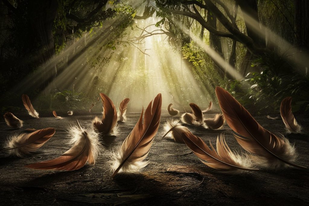 Brown feathers scattered in a sunlit forest clearing, representing spiritual messages