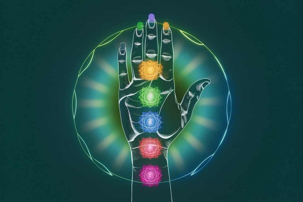  Anatomical illustration of left hand with chakra system overlay
