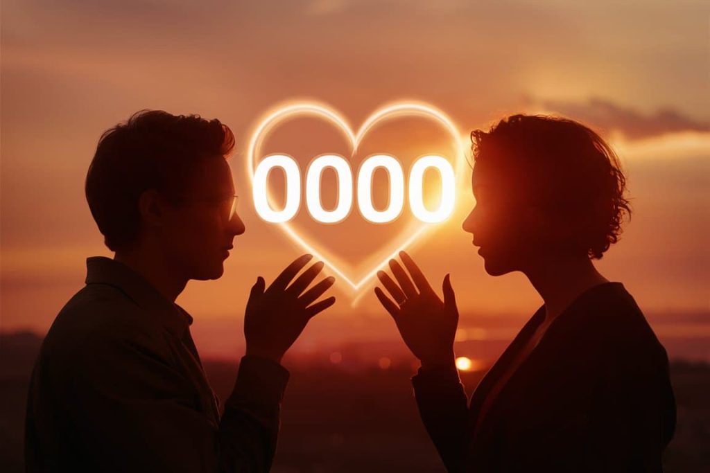 Two silhouettes connected by a 0000-shaped heart, depicting how angel number 0000 influences love and relationships.