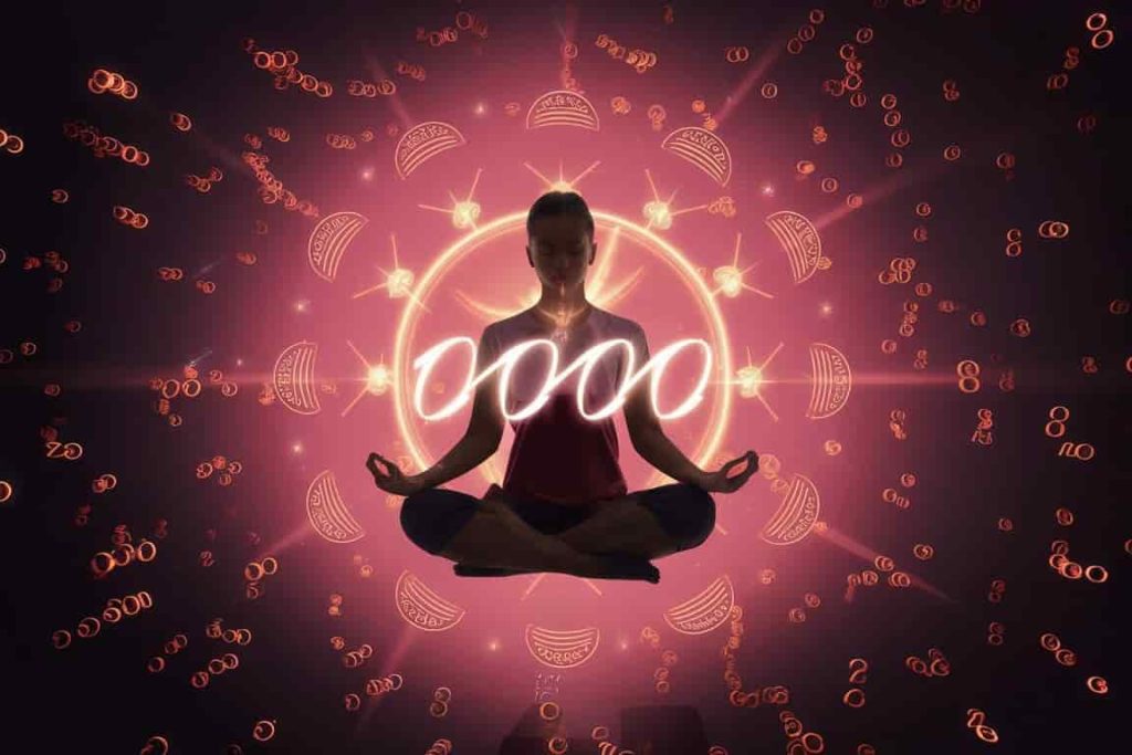 Person meditating surrounded by zeros and spiritual symbols