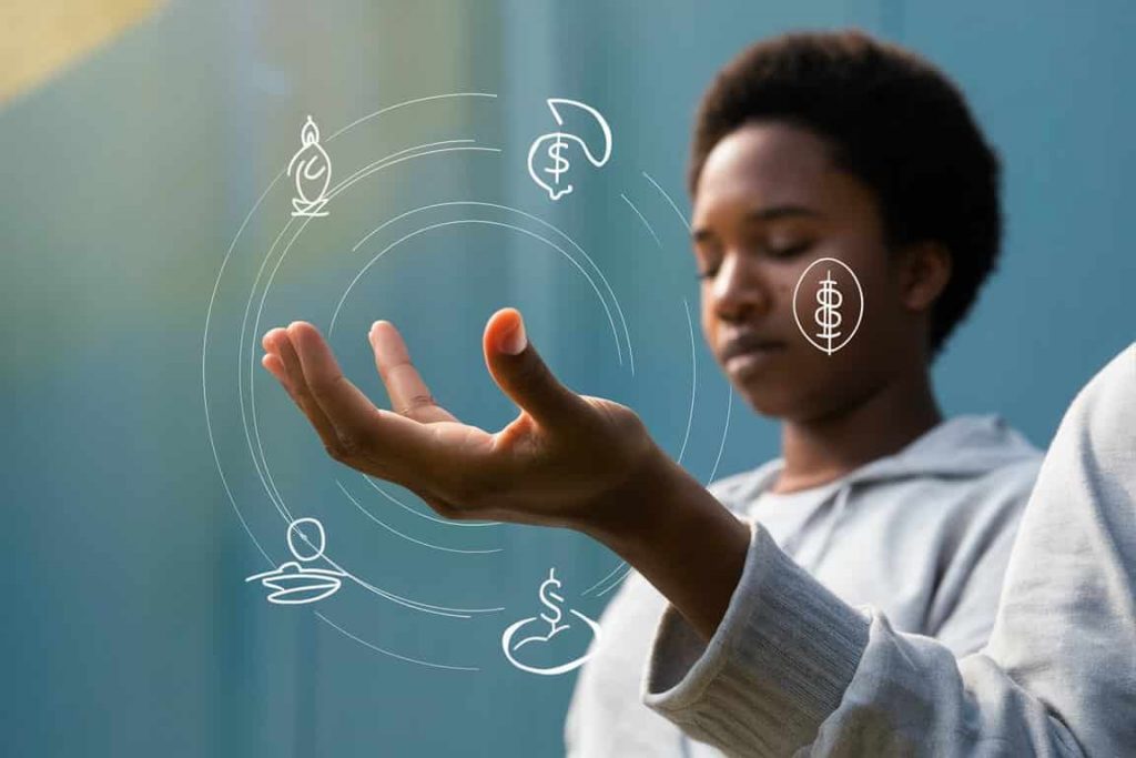 Person meditating with extended left hand surrounded by mindfulness symbols
