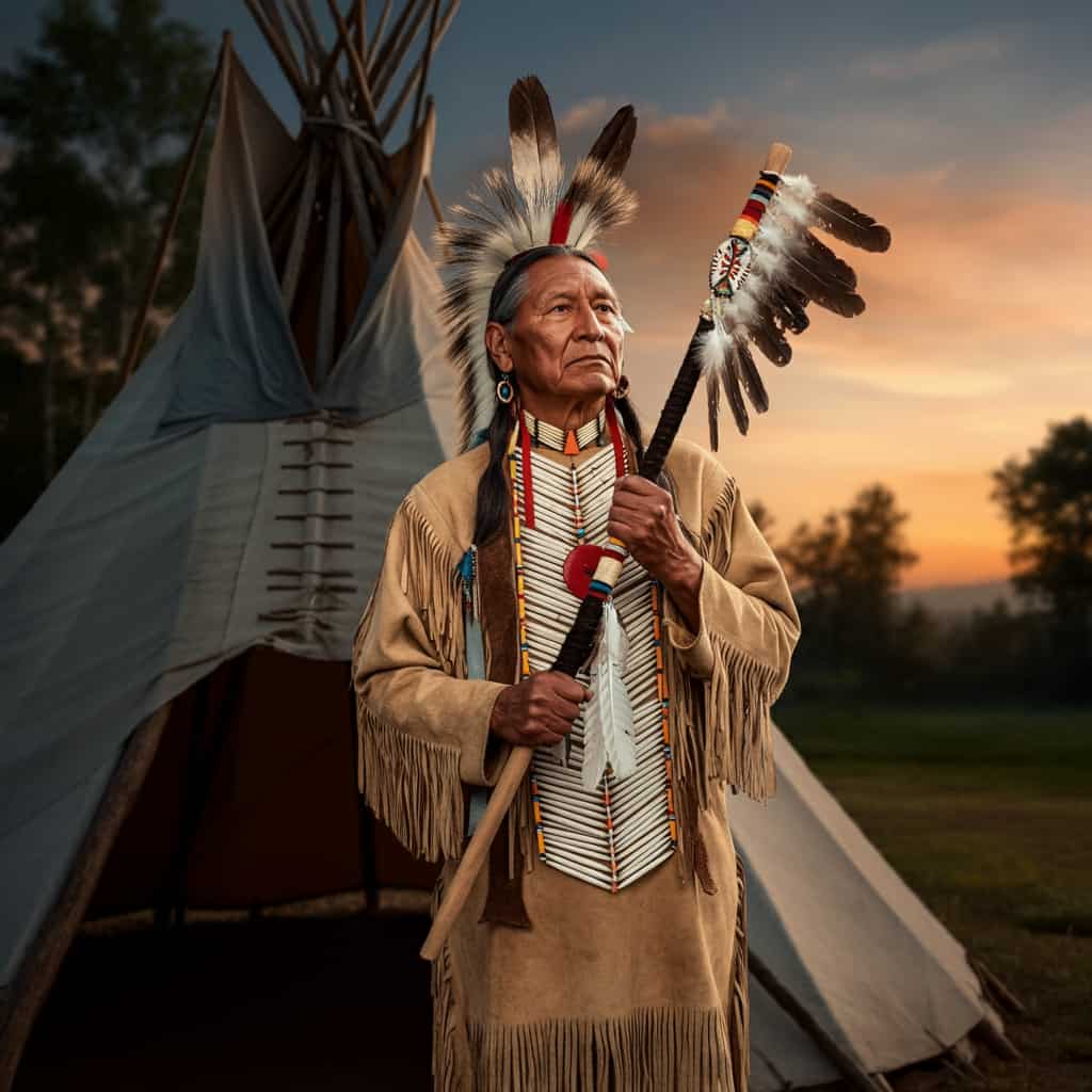 Native American elder holding a staff with brown and white feathers at a teepee entrance, representing cultural perspectives on the meaning of brown and white feathers in Native American traditions