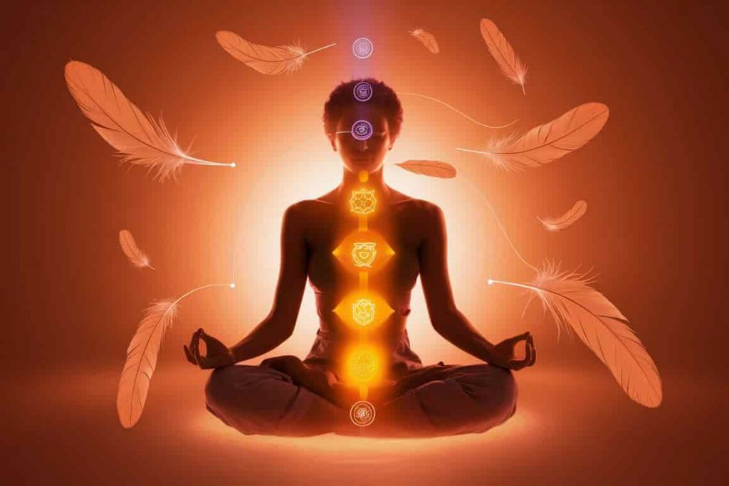 Person meditating surrounded by orange feathers, with energy lines connecting to chakra points, focusing on the sacral chakra