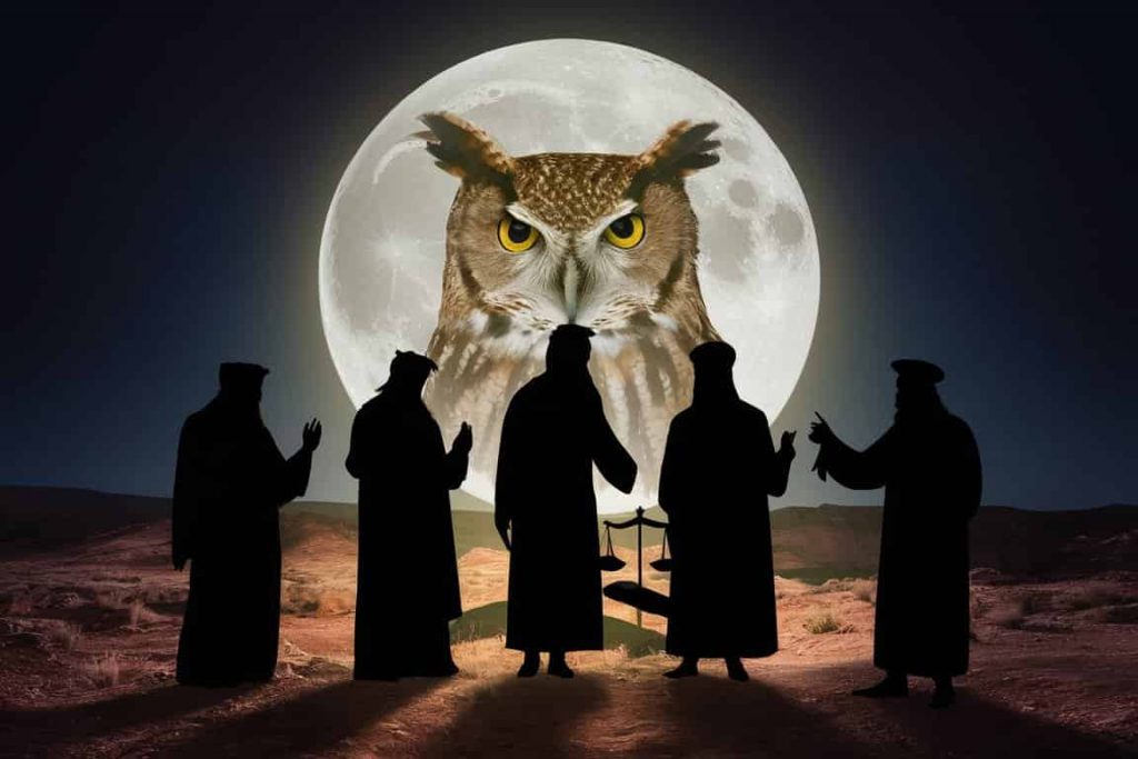 Owl silhouette against full moon with biblical prophet figures, representing spiritual symbolism in Christianity