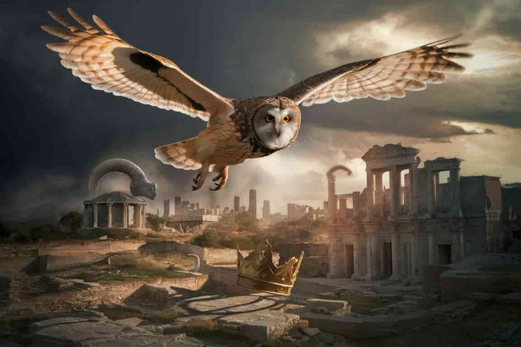 Owl flying over a ruined city with prophetic symbols, illustrating its role in biblical prophecy