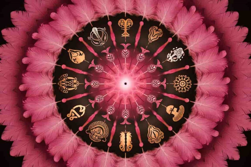 Pink feather mandala incorporating diverse cultural symbols and motifs