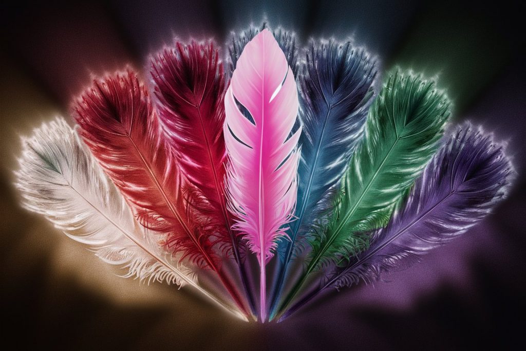 Fan of colorful feathers with pink feather at center, showing spiritual color symbolism