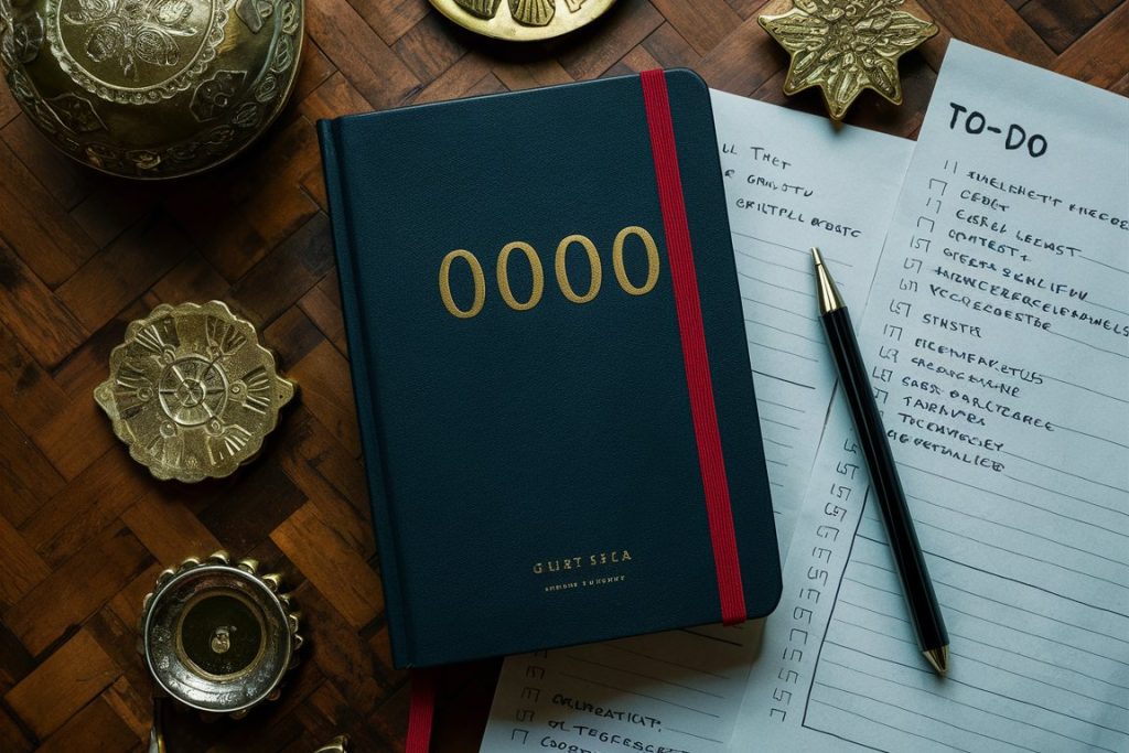 Journal with 0000 on cover surrounded by spiritual objects and to-do list