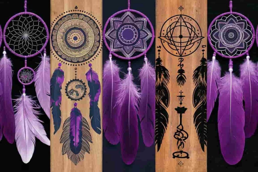 Collage of cultural symbols and purple feathers representing diverse interpretations