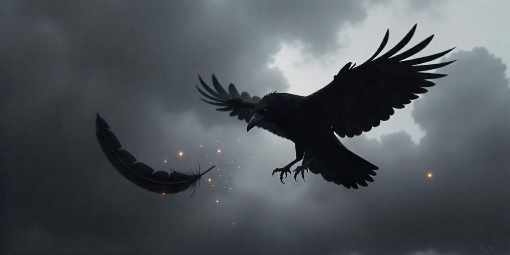 Raven in flight shedding a black feather with magical elements, representing its role as a spiritual messenger.