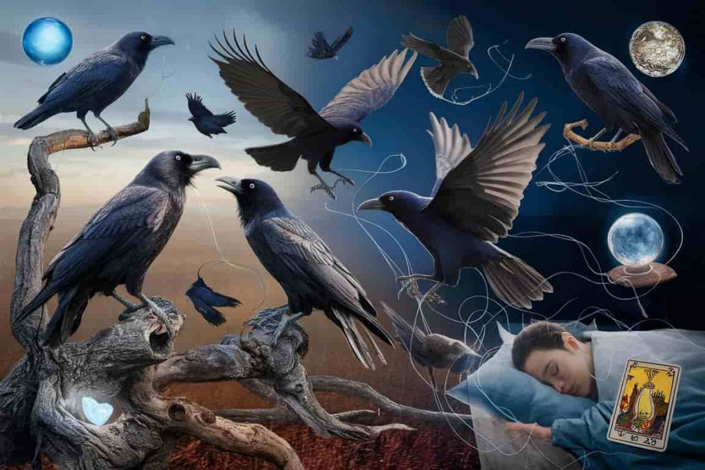 A surreal dreamscape with multiple ravens, day-night imagery, and prophetic symbols, connected to a sleeping person.