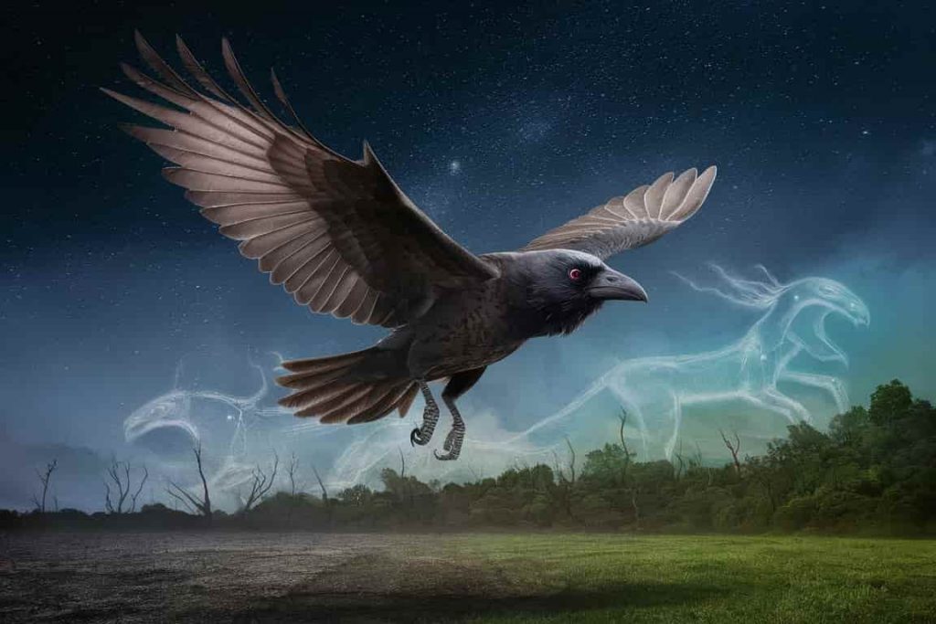 A raven flying through a starry sky over a transforming landscape, representing its role as a spirit animal of change.