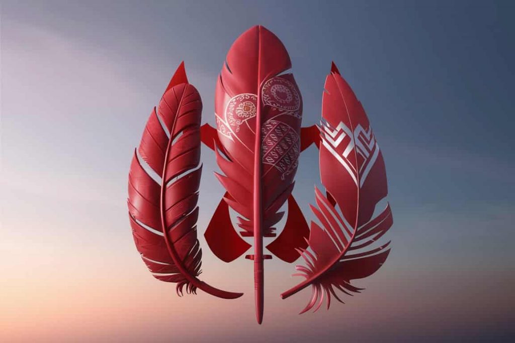 Three large red feathers representing Native American, Eastern, and modern spiritual interpretations of feather symbolism