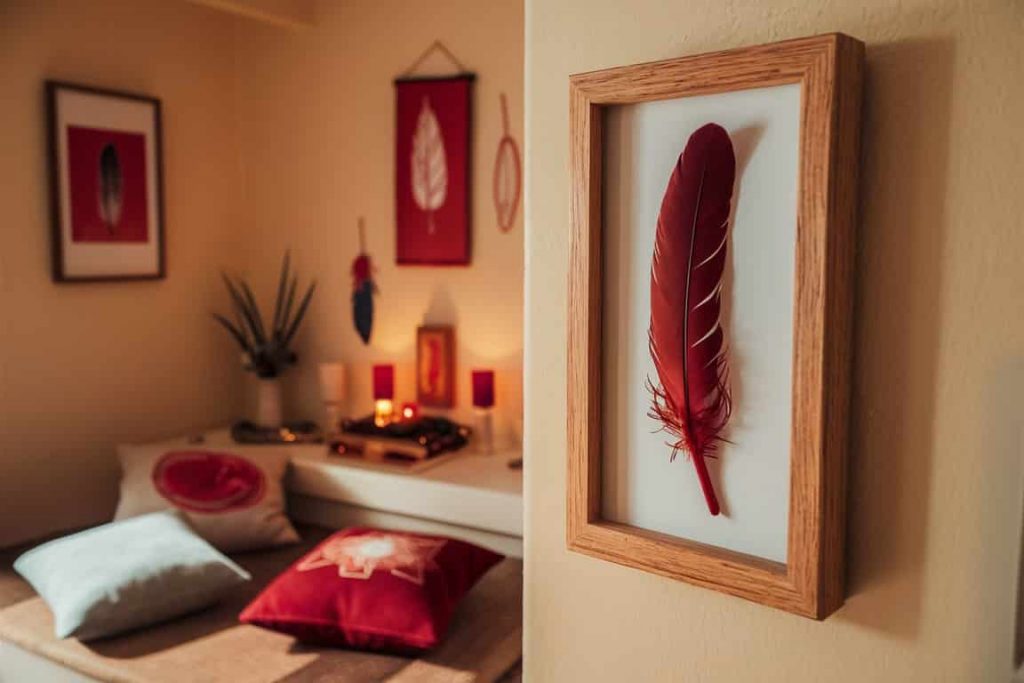 Room decorated with red feather motifs and spiritual objects, showcasing practical applications of red feather symbolism
