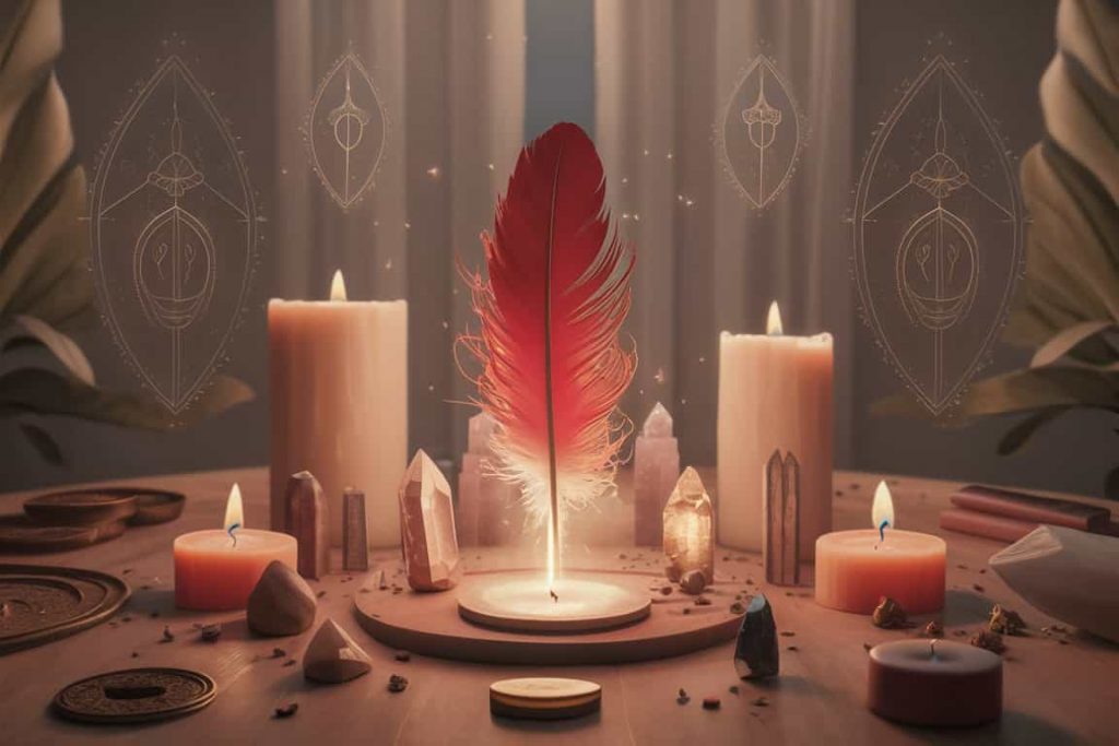 Altar setup with a glowing red feather surrounded by spiritual objects and symbols