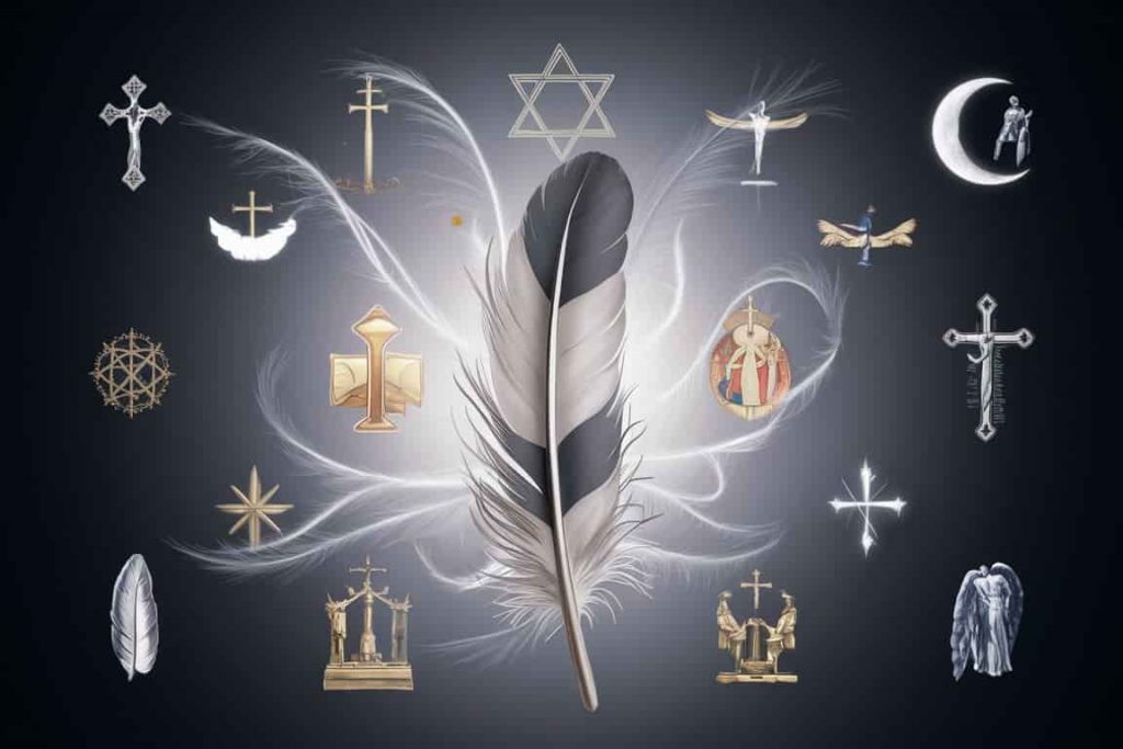Grey and white feather surrounded by diverse religious symbols, representing various faith-based interpretations of feather symbolism.