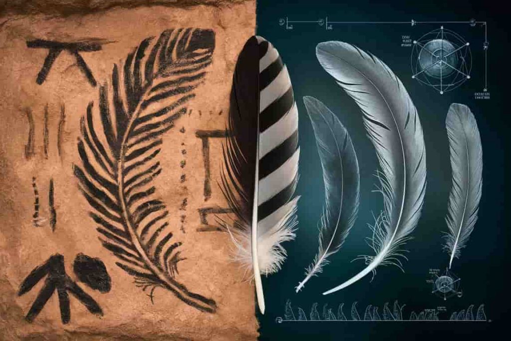 A composite image showing ancient feather art and modern feather science, linked by a black and grey feather