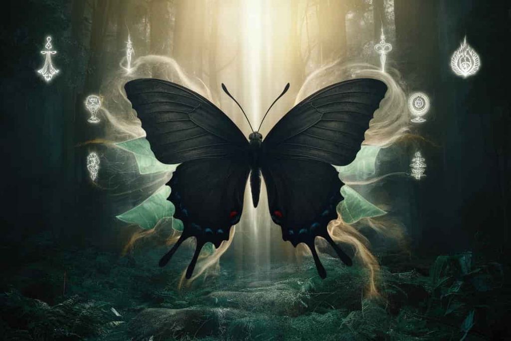 A majestic black butterfly with intricate wing patterns hovers in a mystical forest, surrounded by ethereal light and spiritual symbols, representing transformation and spiritual significance.