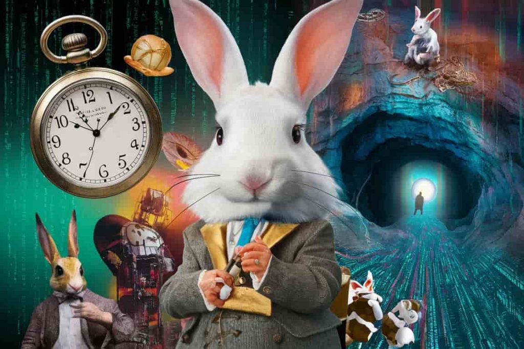 Whimsical collage of white rabbit symbolism in literature and pop culture, featuring Alice in Wonderland elements