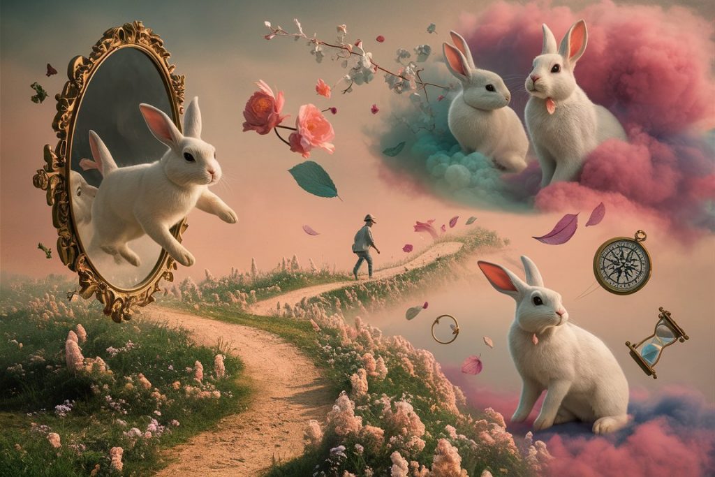 Surreal dreamscape featuring white rabbits in various symbolic scenarios, representing dream interpretations