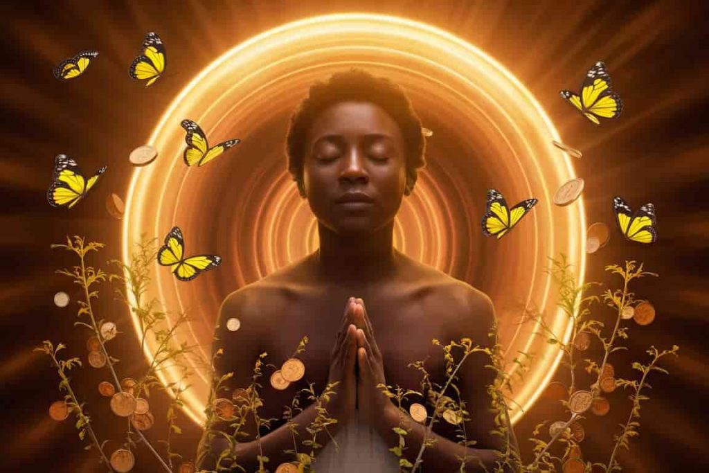Person meditating surrounded by yellow butterflies, symbolizing abundance
Title: Yellow Butterflies as Symbols of Abundance and Prosperity