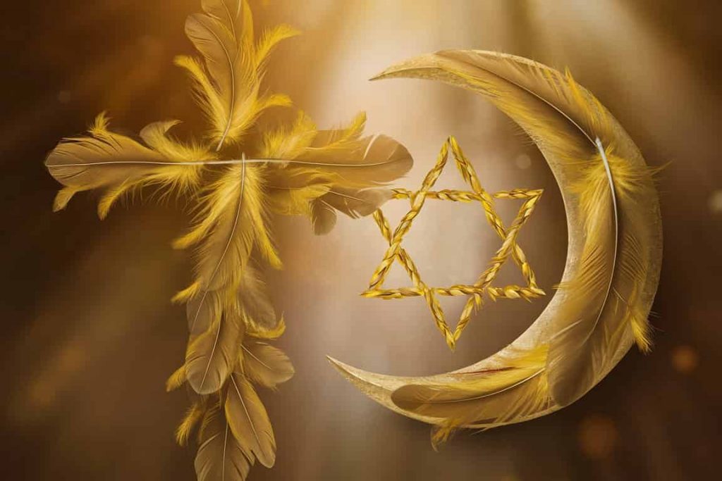 Religious symbols including a cross, Star of David, and crescent moon, each incorporating yellow feathers, set against a golden background