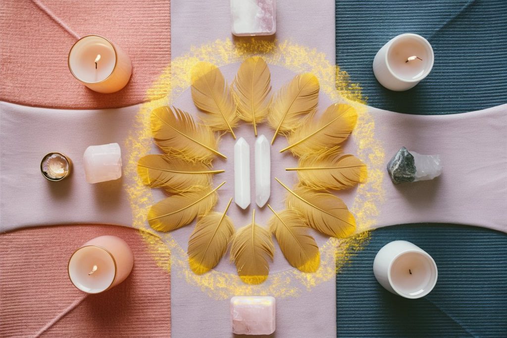 A peaceful meditation area featuring yellow feathers surrounded by crystals, candles, and a yoga mat, with a soft golden aura around the feathers