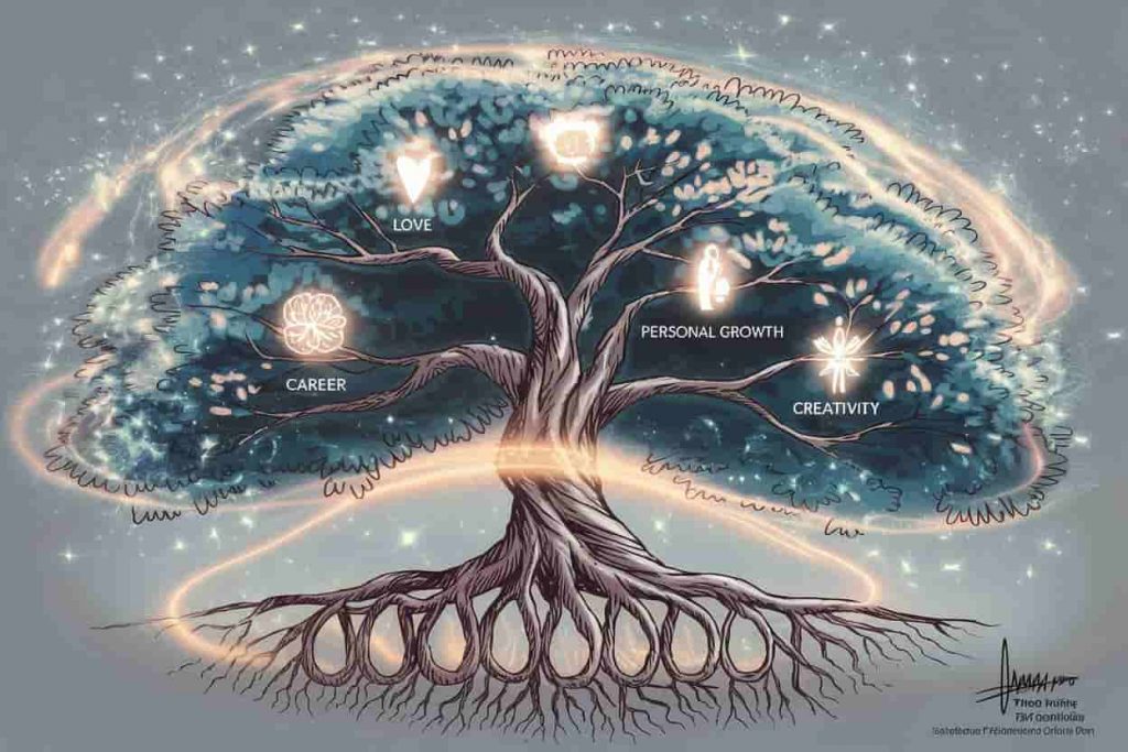 Tree of life with five branches representing different life aspects, trunk and roots forming 00000, surrounded by radiant energy field.