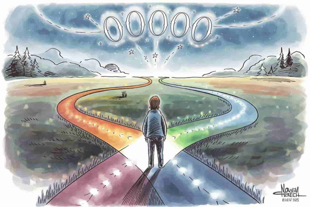 Person at crossroads with multiple illuminated paths, 00000 appearing as guiding constellation in the sky.