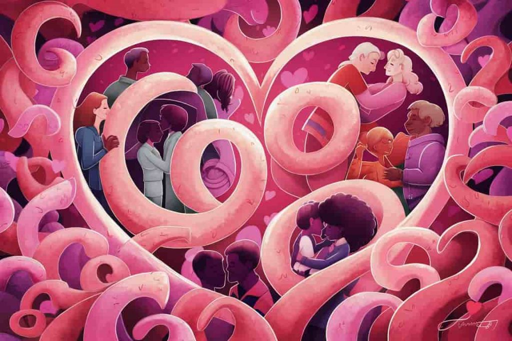 Heart-shaped image made of 6s and 9s, containing silhouettes representing various forms of love and relationships