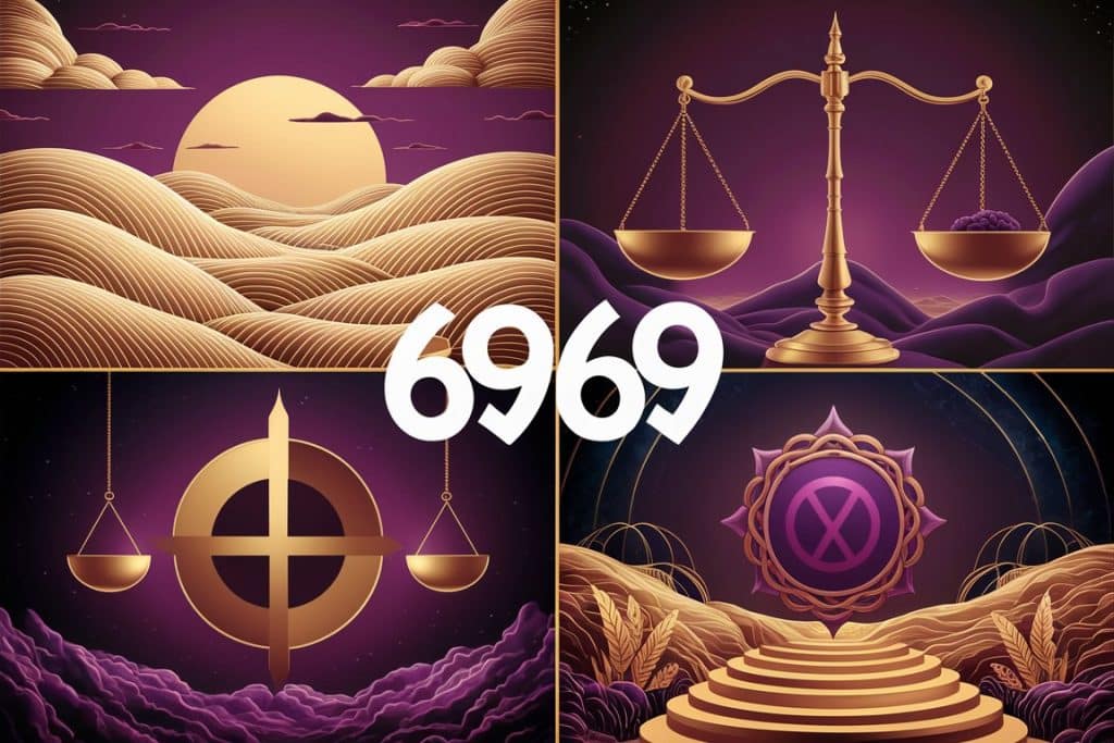 Four-quadrant image depicting harmony, balance, completion, and spiritual growth with 6969 numerical patterns