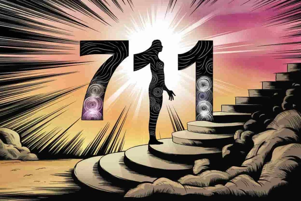 Human silhouette transforming with 711 integrated, surrounded by spiraling energy and ascending steps.