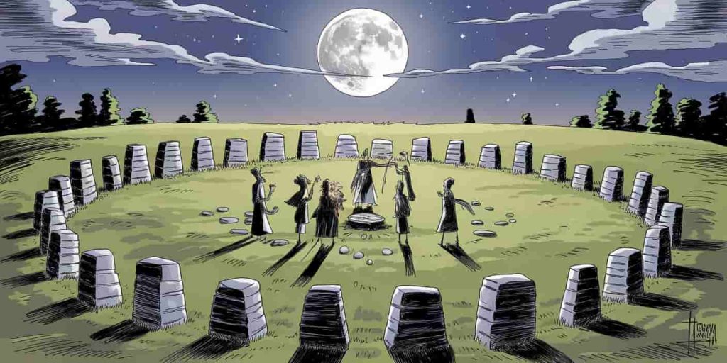 A mystical scene depicting ancient full moon rituals, illustrating the enduring spiritual significance of lunar cycles across cultures